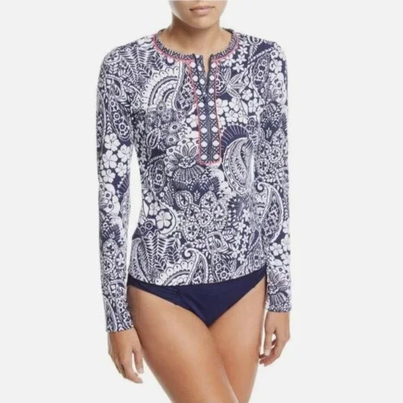 Tommy Bahama Paisley Paradise Navy & White Half Zip Rash Guard Swim Shirt - XS - Picture 1 of 10